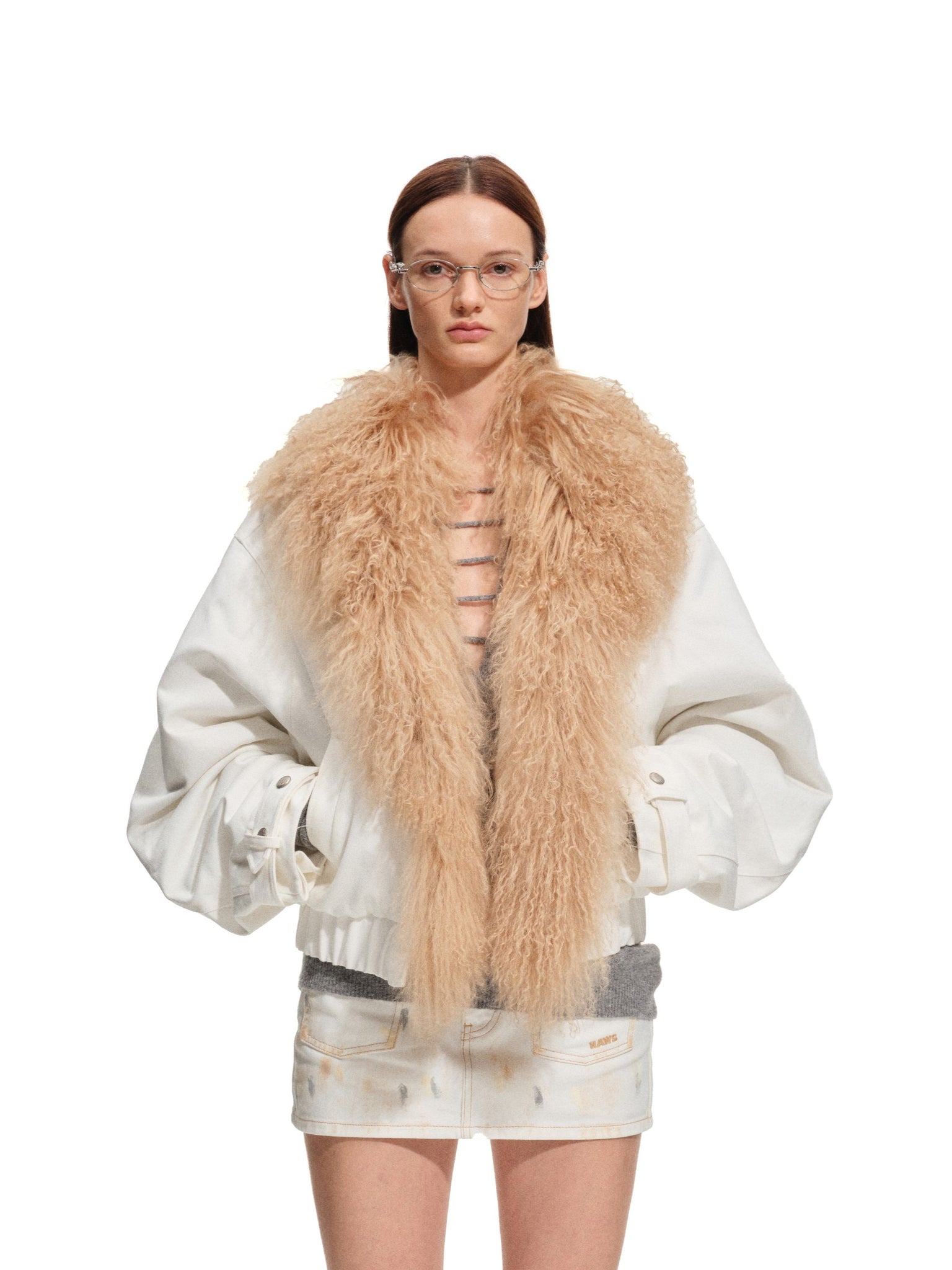 Polar Denim Padded Coat with Fur Collar