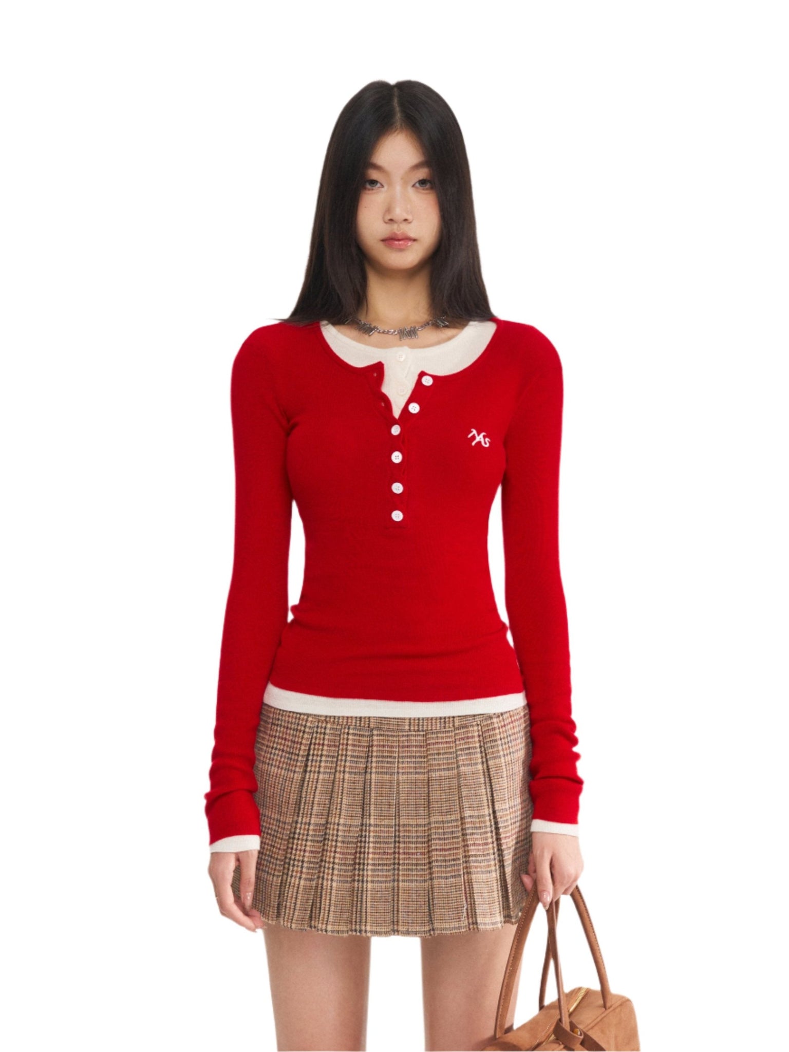 Red Twisted Henley Collar Knitwear Top