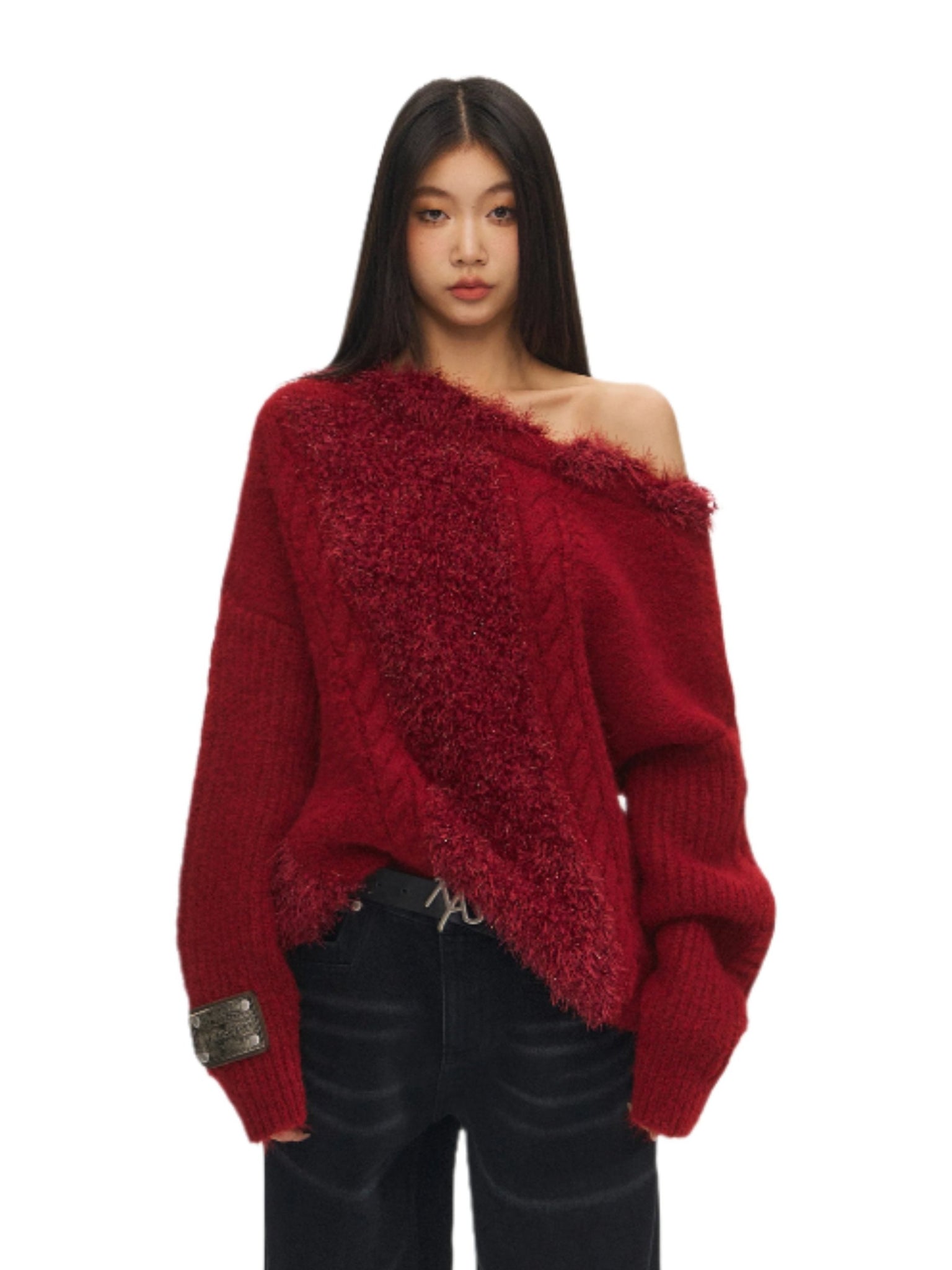 Feathered Yarn Off-shoulder Sweater