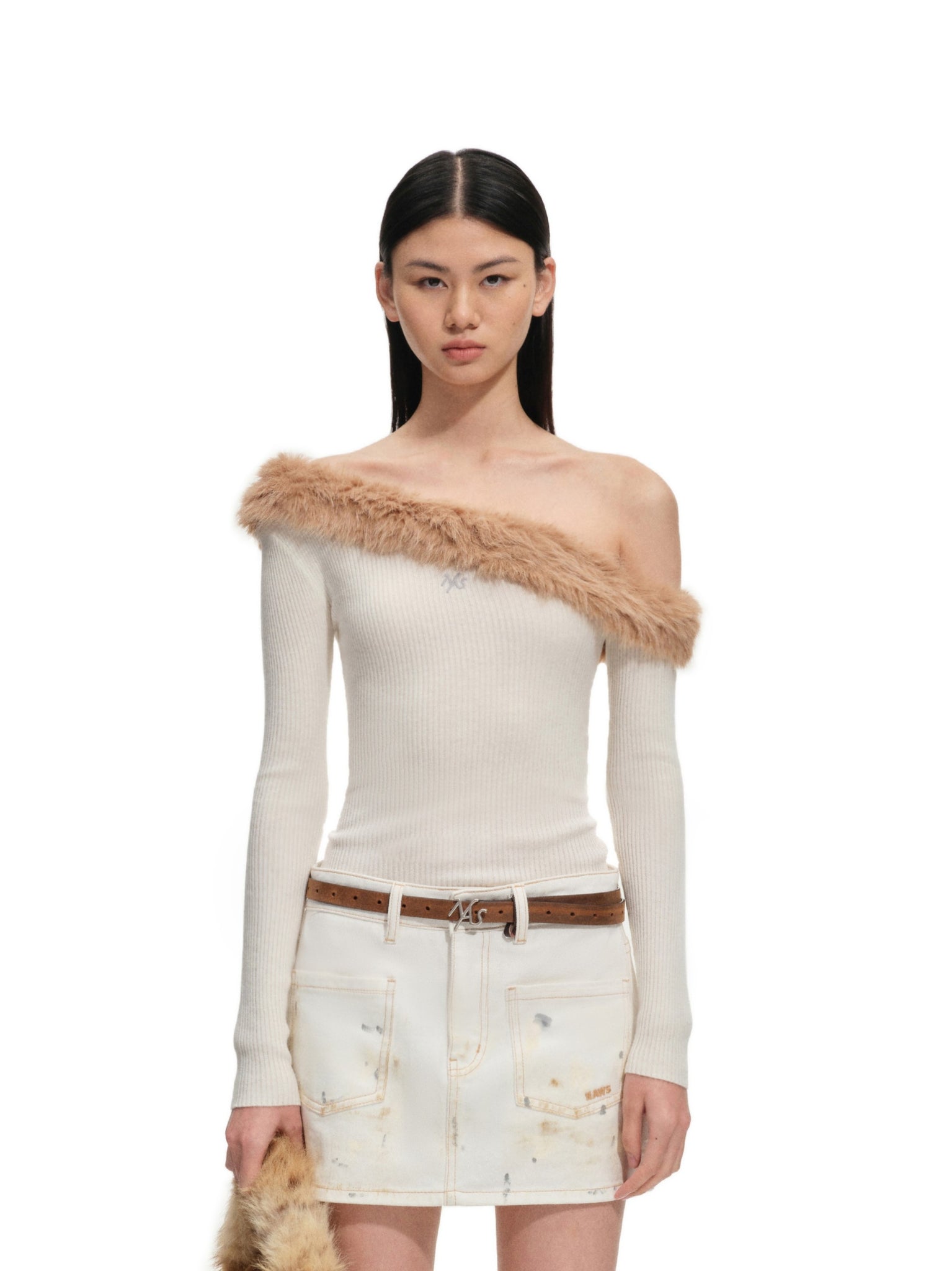 Amber White Sculptural Collar Knit Sweater